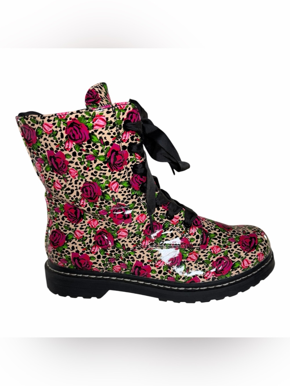 Torrid Betsey Johnson T Rylee Leopard Rose Floral Patent Combat Boots Size 10WW
